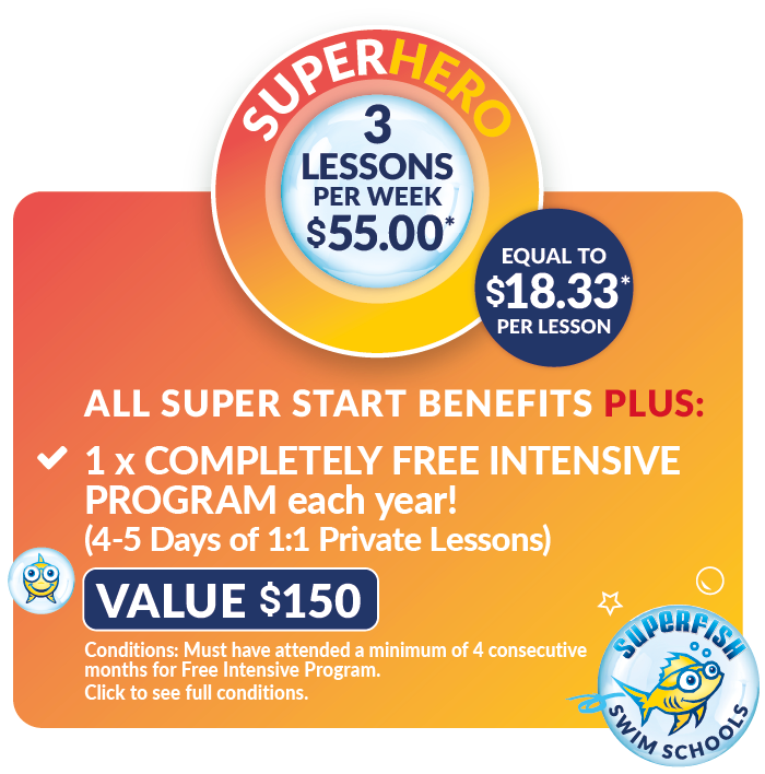 Superfish-SUPERHERO Superfish Swim School SuperHero Pricing Bundle for 3 lessons per week at Benowa, Worongary, Pacific Pines, Sunnybank, Redland Bay $16.67 per lesson, conditions apply.