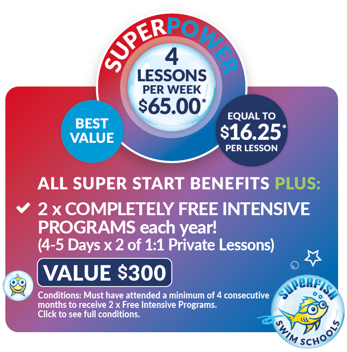 Superfish-SUPERPOWER BEST VALUE: Superfish Swim School SuperStar Pricing Bundle for 4 lessons per week at Benowa, Worongary, Pacific Pines, Sunnybank, Redland Bay $15.00 per lesson, conditions apply.