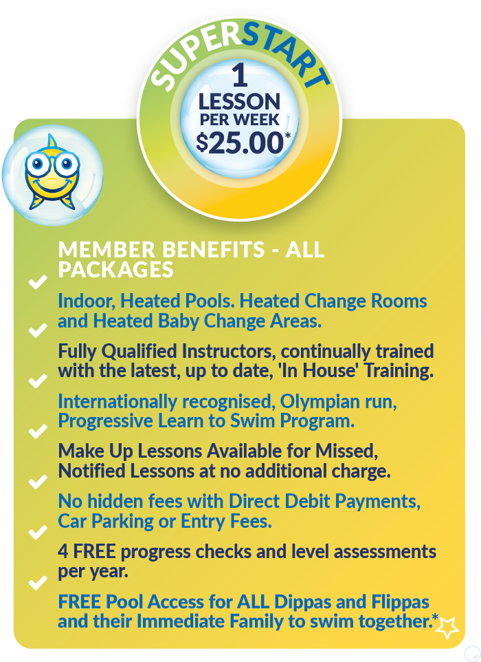 Superfish-SUPERSTART Superfish Swim School SuperStart Pricing Bundle for 1 lesson per week at Benowa, Worongary, Pacific Pines, Sunnybank, Redland Bay $23.00 per lesson, conditions apply.