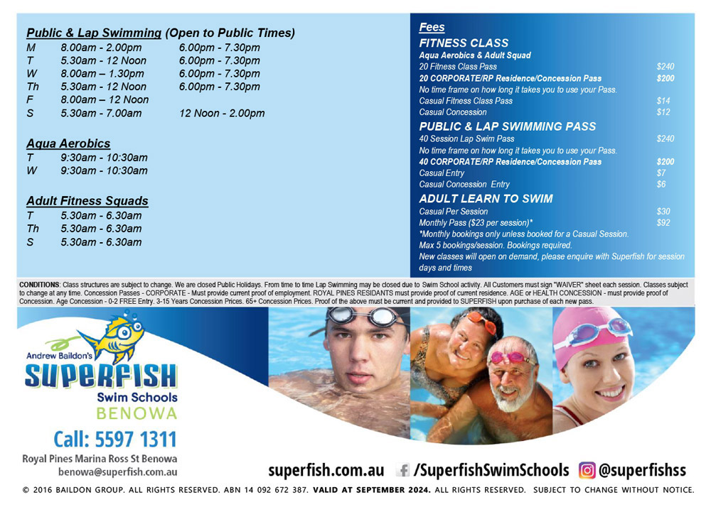 Superfish Swim Schools Benowa Timetable October 2024