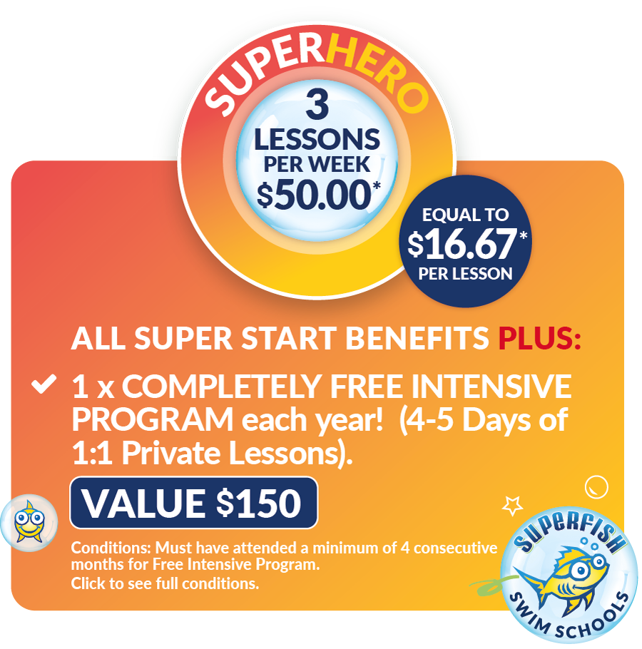 Superfish Swim School SuperHero Pricing Bundle for 3 lessons per week at Benowa, Worongary, Pacific Pines, Sunnybank, Redland Bay $16.67 per lesson, conditions apply.