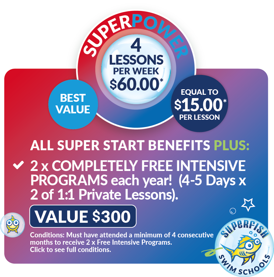 BEST VALUE: Superfish Swim School SuperStar Pricing Bundle for 4 lessons per week at Benowa, Worongary, Pacific Pines, Sunnybank, Redland Bay $15.00 per lesson, conditions apply.