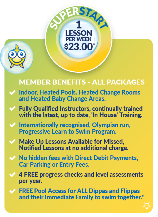 Superfish Swim School SuperStart Pricing Bundle for 1 lesson per week at Benowa, Worongary, Pacific Pines, Sunnybank, Redland Bay $23.00 per lesson, conditions apply.